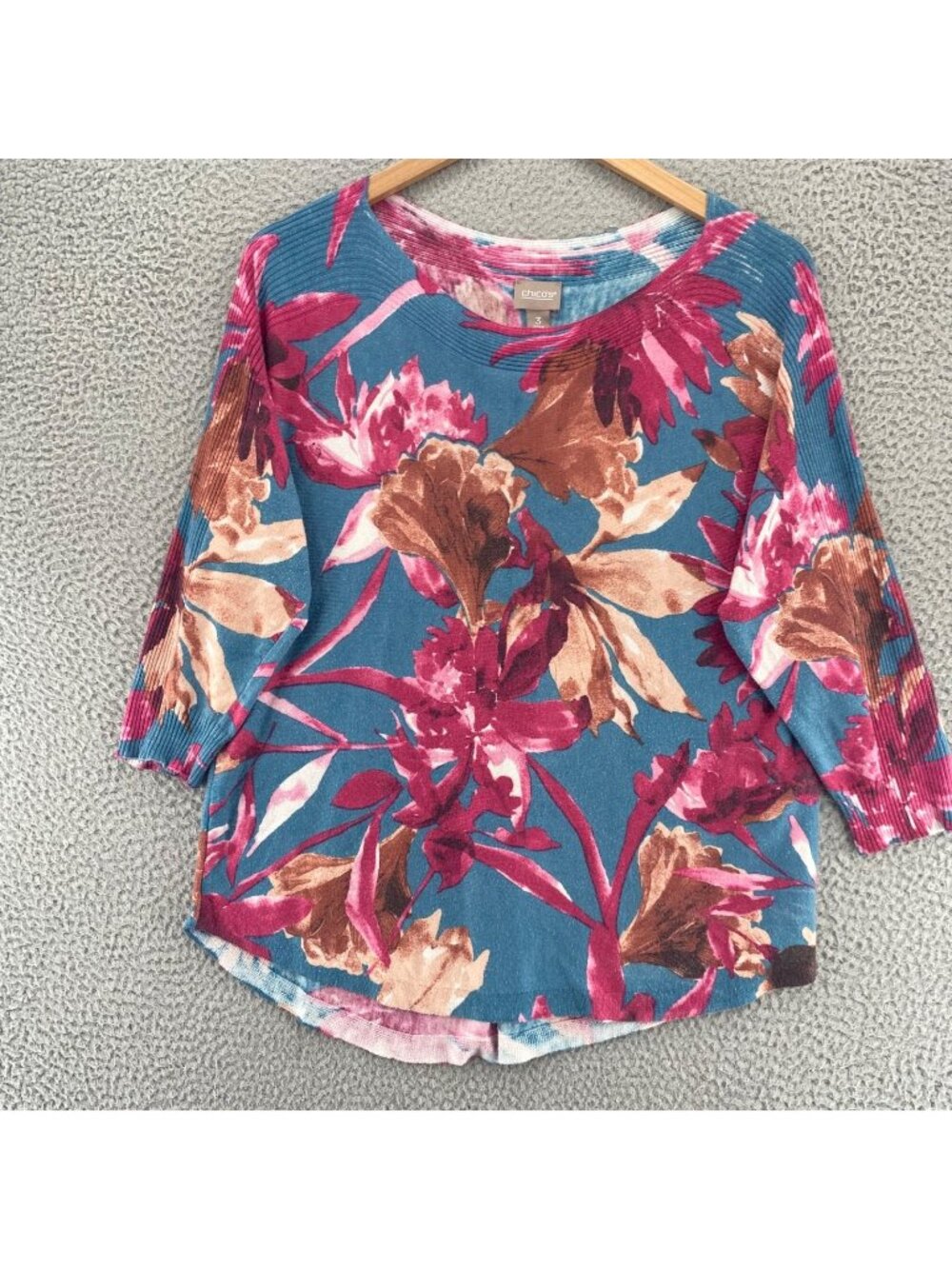 Chicos Top Womens 3 US Extra Large Blue Multi Floral Ribbed Knit Cashmere Blend